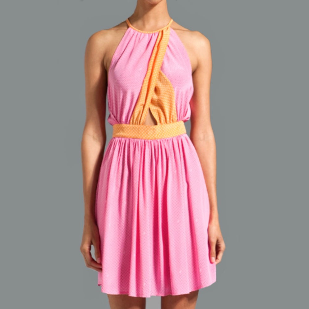 Juicy Couture Silk Halter Dress Size 6 Pink Block Print Cottagecore Fairy Y2K